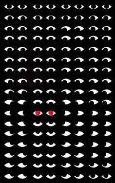 an abstract black and white pattern with red eyes in the center, on a black background