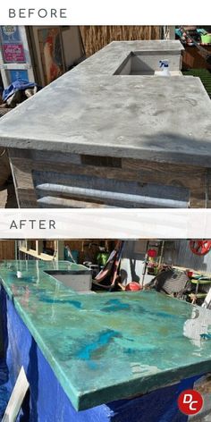 before and after photos of a concrete countertop being refinished with blue paint