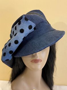 "This is an oversized newsboy style hat, made of designer repurposed denim and new brocade.  The hat has six oversized panels in shades of blue denim, blue denim with black velvet polka dots, and blue brocade.   It is generously full-bodied and can be worn close to the brow, higher on the head, cocked to the side or even backwards. This style hat will fit someone with a large to extra large size head or big hairdo, and is made to size.  I would be happy to make one for you in your size.  Remember, your hat will take 10-15 days to be made, so be sure to add this time to your expected delivery time. - Handmade - Repurposed denim - New brocade  - Black satiny lining - Six panels:  Shades of blue denim, Velvet polka dots, and one panel of blue print brocade - Made to order   This newsboy hat c Denim Blue Brimmed Hat, One Size Fits Most, One Size Fits Most Brimmed Denim Blue Hat, Vintage Denim Brimmed Hat, Vintage Brimmed Denim Hat, Vintage Denim Blue Hat With Curved Brim, Vintage Denim Blue Hats For Spring, Vintage Curved Brim Denim Blue Hat, Newsboy Hat Women, Repurposed Denim