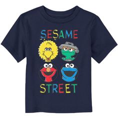 We can tell you how to get to Sesame Street and look good doing it, with these adorable designs for the whole family from the iconic, long-running children's series Sesame Street! Step onto Sesame Street with this officially licensed Toddlers' Four Circle Primary Colors Grid Graphic T-Shirt featuring four circles with Big Bird, Cookie Monster, Elmo, and Oscar the Grouch and the text: "Sesame Street," in colorful letters across the front. Bring joy and laughter to your day with this new Sesame St Casual T-shirt With Character Print For Playtime, Funny Character Print Tops For Playtime, Blue Family Matching T-shirt With Cartoon Print, Family Matching Blue T-shirt With Cartoon Print, Funny Blue Tops For Playtime, Blue Family Matching T-shirt With Character Print, Novelty Blue Cotton Tops, Blue Cotton Novelty Top, Funny Blue T-shirt With Character Print