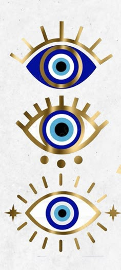 two blue and gold eyes with stars in the middle, one on top of the other