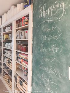 a chalkboard with writing on it next to shelves full of food and condiments