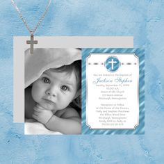 Cross in Circle Blue Boy Photo Baptism Invitation Blue Boy