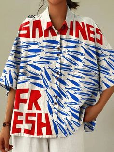 Women's Vintage Fish Sardines Art Print Casual Cotton Linen Shirt Sardines Art, Printed Shirts For Women, Fish Dress, Retro Pants, Cotton Linen Pants, Outwear Coat, Retro Tops, Vintage Fishing, Vest Shirt