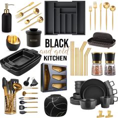 black and gold kitchen items are arranged in a collage