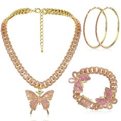 PRICES MAY VARY. Beautiful Combination: you will receive 1 piece of butterfly chain necklace, 1 piece of hip hop butterfly bracelet and 1 pair of rhinestone hoop earrings, a good combination will give you a good decorative effect, bring you a good mood, and can help you create a different stylish look Reliable Quality: the rhinestone chain is made of zinc alloy and rhinestone, strong and reliable, safe and lightweight, not easy to fade; The earrings are made of alloy, the earrings' diamond is cr Pink Butterfly Jewelry, Elegant Pink Butterfly Necklace For Gift, Trendy Pink Butterfly Necklace Gift, Trendy Pink Butterfly Jewelry, Cute Pink Necklaces With Butterfly Charm, Cuban Link Chain Necklaces, Bling Earrings, Big Hoop Earrings, Butterfly Pendant Necklace