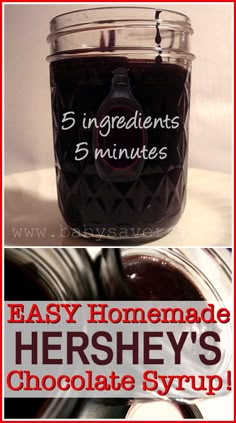 three ingredients for homemade hershey's chocolate syrup are shown in this collage