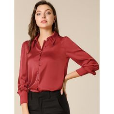 Pair perfectly with your favorite skirts or jeans for a chic look. This satin shirt is a throw-on piece. Wearing this, you can create your stunning chic look effortlessly, and you can be subtly elegant for work now and flirtatiously playful the next. Add this versatile piece to your everyday wardrobe. It can be dressed up or down. The relaxed fit enhances the laid-back look with a bit of glamour. Red Collared Solid Color Shirt, Red Solid Color Collared Shirt, Solid Shirt With Back Button Closure For Fall, Shirt With Back Button Closure For Fall, Solid Office Lady Tops With Button Closure, Fall Office Lady Shirt With Button Closure, Trendy Red Office Blouse, Red Office Shirt For Fall, Red Shirt For Office Wear In Fall