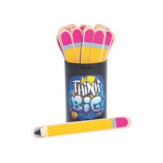 two pencils in a tube with the word think on it and an eraser next to them