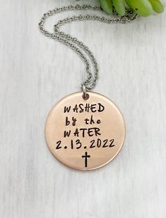 "Stamped with \"WASHED by the WATER\", it is a unique, meaningful and personalized baptism gift for adults and teens who decide to be baptized along with date and a cross stamp. This necklace makes simple yet meaningful for teens, adult, a Sunday School class, VBS giveaways or other church groups. Give these religious gifts to all your friends for an inspirational reminder. It comes with a nice gift box, it is ready for gifting or gift for self. Please leave date in \"note to seller\" box at che Personalized Spiritual Necklace For Baptism, Spiritual Personalized Necklace For Baptism, Necklace Teen, Adult Baptism Gifts, Gift For Self, Adult Baptism, School Class, Baptism Gifts, Stamped Jewelry