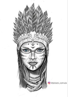 a drawing of a woman with feathers on her head