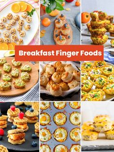 breakfast finger foods collage with oranges, muffins and other food items