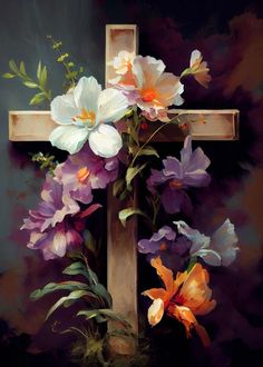 a painting of flowers in front of a cross