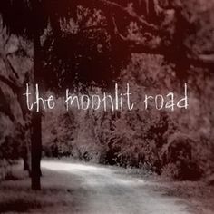 the road is surrounded by trees and has white writing on it that reads, the moonlit road