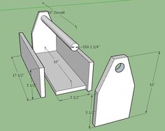 a drawing of a bench with measurements for the back and side drawers on each side