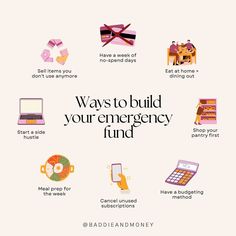 a poster with the words, ways to build your emergency fund and other things on it