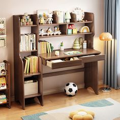 a child's desk with bookshelves and toys on it in front of a window