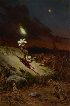 an oil painting of flowers on a hill at night