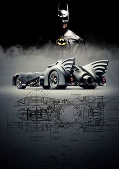 the batmobile is shown in this batman movie poster, and it appears to have been drawn