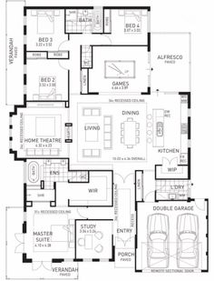 the floor plan for a two story house with three car garages and an attached living area