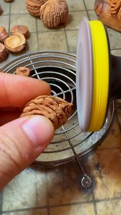 a person holding a piece of food in front of a wire grate with nuts on it