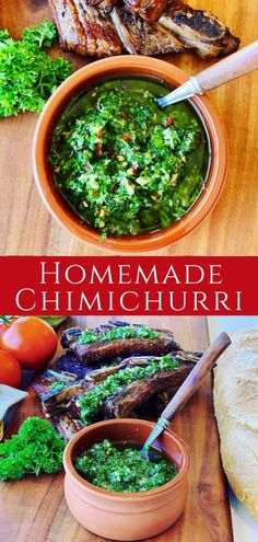 some meat and vegetables are in bowls on a wooden table with the words homemade chimicchuri