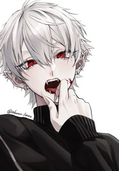 an anime character with white hair and red eyes holding his hand up to his mouth