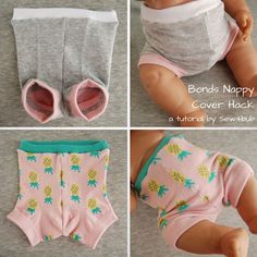 four photos of baby's shorts and panties made to look like pineapples