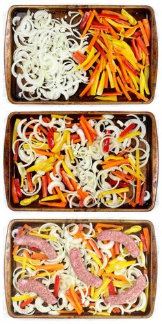 three pans filled with different types of vegetables and meat on top of each other