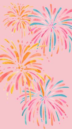 three colorful fireworks on a pink background