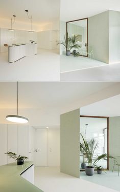 two pictures of the inside of a house with plants in pots on the counter top