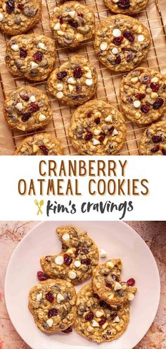 cranberry oatmeal cookies on a white plate with text overlay