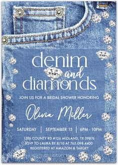 denim and diamonds bridal shower or baby shower card with the words,'denim and diamonds'on it