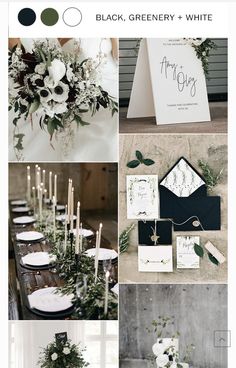 a collage of photos with white flowers and greenery on them, including black and white