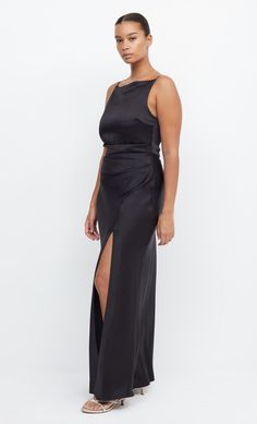 Best selling, high neck maxi dress featuring a flattering tuck detail that cinches in the waist and creates a feminine silhouette. Dress is accessed through an invisible side zipper. High Neck Maxi Dress, Australian Fashion Designers, Satin Dress Long, Black Bridesmaid Dresses, Wedding Bridal Party, Bridal Party Dresses, Square Neck Dress, Formal Style, Tie Dress