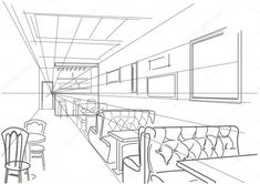 an outline drawing of a restaurant with chairs and tables in the foreground, on a white background