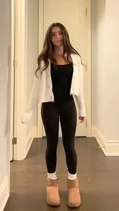 Bodysuit With Uggs, Cute Outfits For Average Size Women, High School Outfits Midsize, Cute Outfits With Tights Leggings, January School Outfits, Period Safe Outfits, Black Romper With Cardigan, Outfit Inspo January, Cute Outfits To Wear In 60 Degree Weather