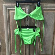 New Without Tags Lime Green Color String Bikini Set Green Summer Tankini For Party, Green Summer Party Tankini, Summer Party Green Tankini, Spring Party Tankini With Triangle Top, Green Triangle Top Tankini For Summer, Green Swimwear For Spring Party, Green Tie-side Bottom Tankini For Summer, Green Fitted Tankini With Tie-side Bottom, Fitted Green Tankini With Tie-side Bottom