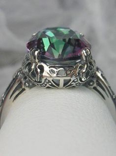 Mystic Topaz Ring, 6 carat oval faceted simulated gemstone, Sterling Silver floral filigree, Edward design #D70 Mystic Topaz Ring, Antique Filigree, Edwardian Jewelry, Luxury Rings, Sterling Silver Filigree, Mystic Topaz, Filigree Ring, Engraved Items, Silver Filigree