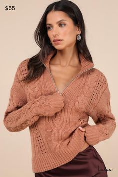 You won't be able to stop dreaming about cuddling up this season in the Lulus Stylish Forecast Brown Cable Knit Quarter-Zip Pullover Sweater! This timeless, cable knit sweater (with pierced details throughout) features a polo-inspired collared neckline and long sleeves with drop shoulders. A quarter-length zipper adorns the front of the ultra-cozy, relax-fit bodice to complete the look. Contrasting ribbed knit accents the neckline, cuffs, and hem. Fit: This garment fits true to size. Length: Siz