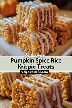 pumpkin spice rice krispy treats with icing on top and drizzled in white