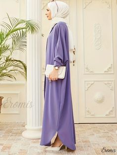 Eromis - Womens Plus Size Ethnic Abaya Dress: Elegant Maxi Jalabiya Dress with Solid Batwing Sleeves and Round Neckline Elegant Long Purple Abaya, Purple Maxi Length Kaftan For Eid, Purple Floor-length Abaya, Elegant Purple Tunic Dress, Elegant Purple Maxi-length Abaya, Purple Floor-length Maxi Dress For Eid, Purple Long Sleeve Wedding Abaya, Elegant Long Purple Kaftan, Jalabiya Dress