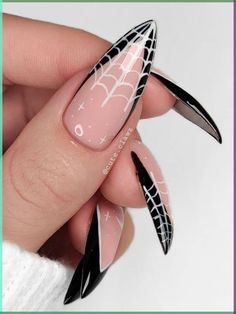 Let your Halloween nail game reach new heights and make a bold statement with effortlessly stylish spider web nails! Spider Stilleto Nails, Halloween French Nail Designs, Spider Web French Tip Nails, Halloween French Tips, Spiderman Nails, Finger Claws, Spider Web Nails, Web Nails, Nail Art Halloween