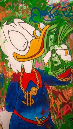 a painting of donald the duck holding money