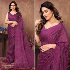 Purple colored saree is made from georgette rangoli silk (Poly Silk) fabric which is highlighted with beautiful mukaish & foil printed work with tassels border as shown. comes along unstitched banglori silk blouse piece which you can customise as per your design/style. Occasion - You can buy this saree for party and functions. Note:- The actual product may differ slightly in color and design from the one illustrated in the images when compared with computer or mobile screen. Measurements: Saree Celebration Saree With Bandhani Print And Traditional Drape, Party Wear Bandhani Print Georgette Saree, Party Georgette Saree With Bandhani Print, Party Saree With Bandhani Print On Georgette, Bandhani Print Saree For Navratri Celebration, Party Saree With Bandhani Print For Eid, Festive Party Saree With Printed Border, Purple Saree With Printed Border For Diwali, Bollywood Style Purple Saree With Printed Border