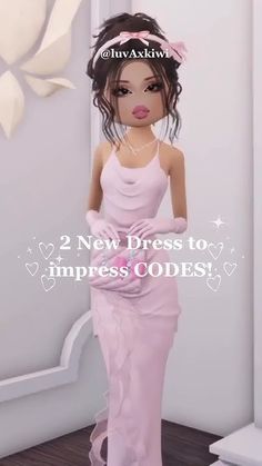 a woman in a pink dress standing next to a white wall with the words new dress to impress code on it