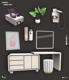 an assortment of items displayed on a black background, including a white desk and chair