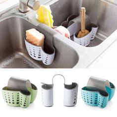 the kitchen sink is filled with soap, sponges and spatulas for cleaning