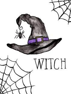 a witch's hat with a spider on it and the words witch written below