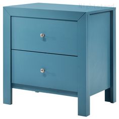 a blue nightstand with two drawers on one side and an open drawer on the other